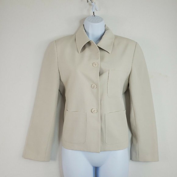 TravelSmith Women’s Beige Khaki Spread Collar Three-Button Blazer Jacket Size 8P - Picture 1 of 10